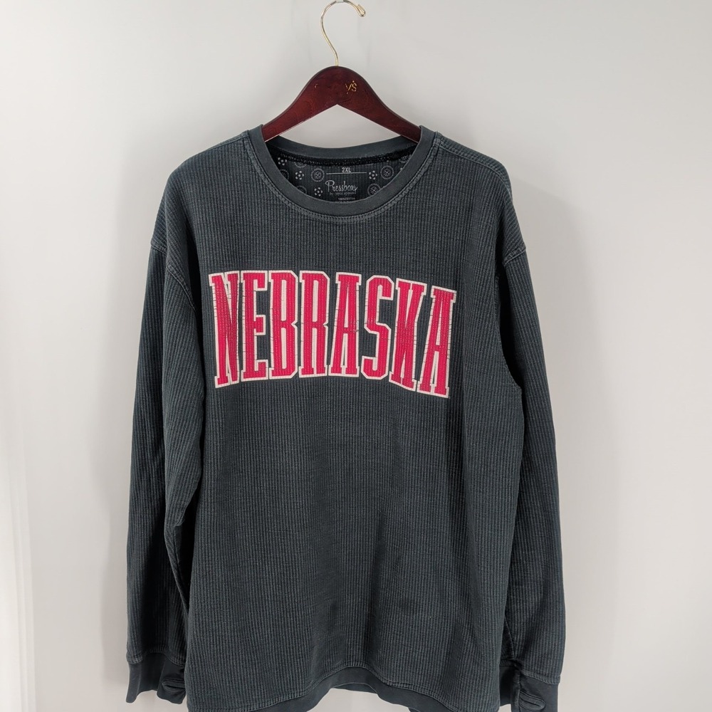 Vtg Nebraska Cornhuskers Football Pressbox‎ Mens Dark Gray Ribbed Sweatshirt 2XL
